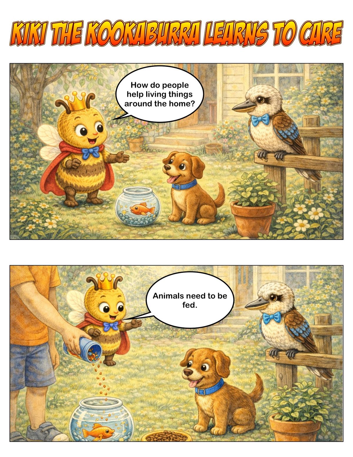 Kiki the Kookaburra learns to care. Elaboration for AC9S1U01 panel 1